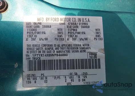 1998 Ford Ranger Splash/Xl/Xlt from USA, damaged, VIN 1FTYR14X8WPB46880